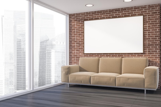 Rincón de salón tipo loft con paredes de ladrillo, suelo de madera y un largo sofá beige con un afiche horizontal encima. maqueta de renderizado 3d