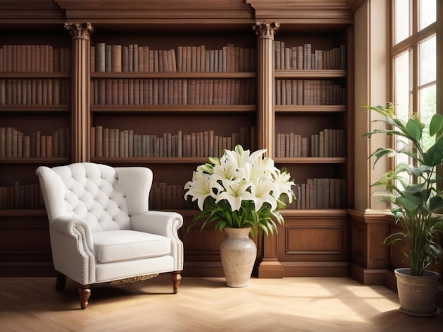 Un rincón tranquilo de la biblioteca con lirios blancos que decoran las estanterías