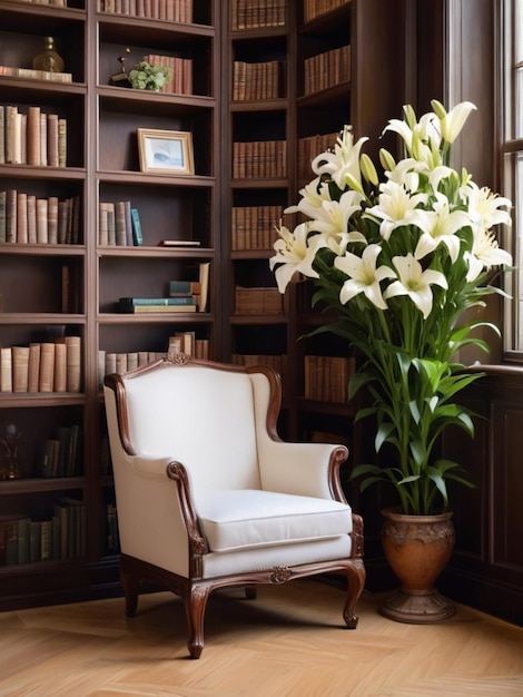 Un rincón tranquilo de la biblioteca con lirios blancos que decoran las estanterías