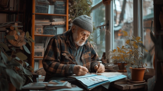 En un rincón tranquilo de su casa un anciano está elaborando artículos hechos a mano para vender en su pasivo