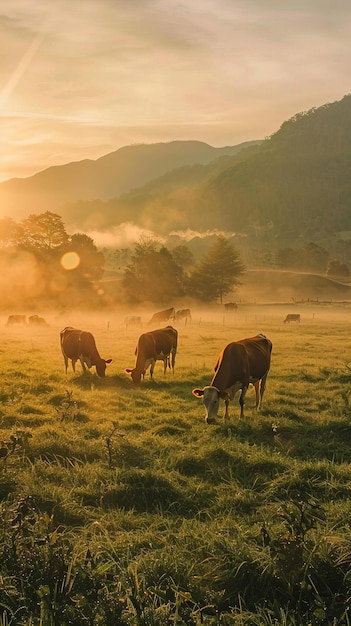 Rinder auf einer nebligen Wiese bei Sonnenaufgang Landleben und Landwirtschaft Design Verpackung von natürlichen Produkten