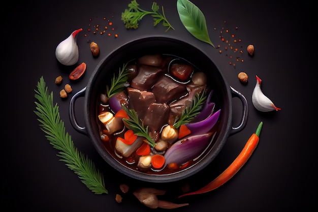 Rinder-Bourguignon-Fleischeintopf mit Gemüse, Pilzen und Rotwein in einem schwarzen Topfhintergrund