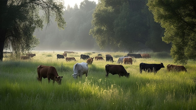 Rinder grasen auf einem Feld mit Bäumen im Hintergrund