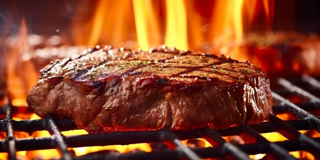 Rinder-Ribeye-Steak, gegrillt auf einem Flammengrill, generative KI