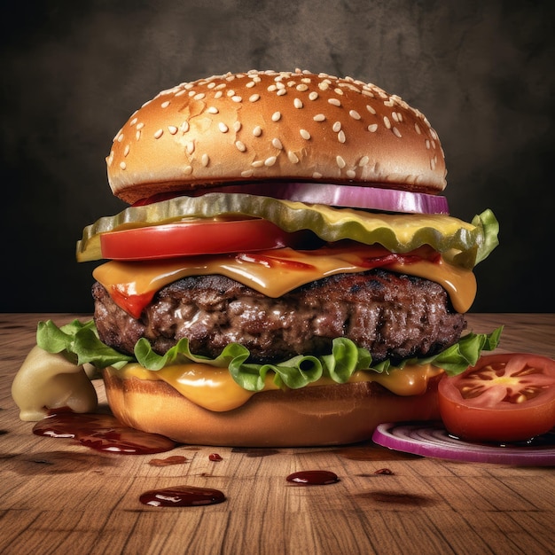 Rinderburger gefüllt mit großem Rinderkotelett und Käse auf schwarzem Hintergrund, Fotostudioaufnahme mit Kopierraum