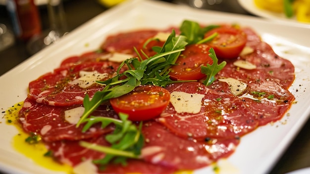 Rindercarpaccio mit Kapern, Rucola und Parmesan auf einem weißen Teller Ai Generative