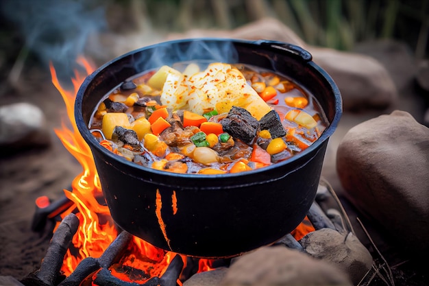 Rindereintopf mit Kartoffeln und Karotten in einem schwarzen Topf am Lagerfeuer Generative KI