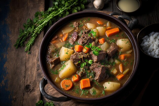 Rinderkartoffeln, Karotten und Kräuter in einem traditionellen irischen Eintopfgericht zum St. Patricks Day