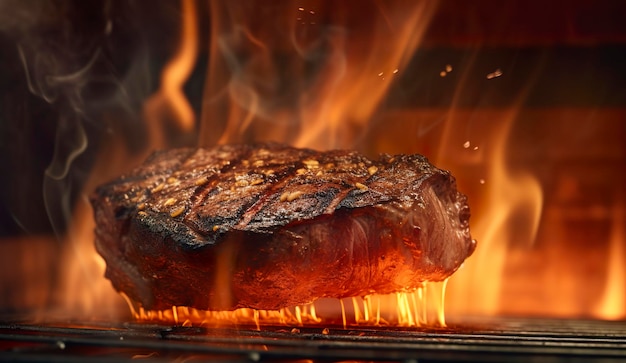 Rindersteak auf dem Grill mit Rauch und Flammen AI Generative