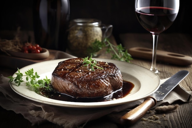 Rindersteak auf dem Teller mit Rotwein