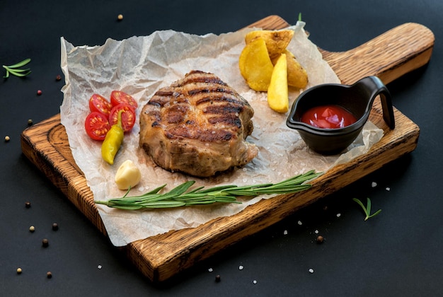 Rindersteak mit Zweig Rosmarin und Kartoffeln auf einem Holztisch