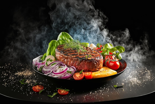 Rindersteak Produktstudio Foto dunkelschwarzer Hintergrund frischer Tomatensalat mit Zwiebeln Generative KI-Illustration