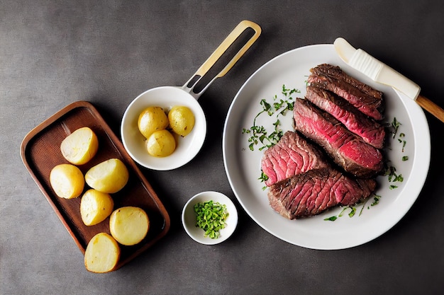 Rindersteakscheibe auf Teller mit Salat