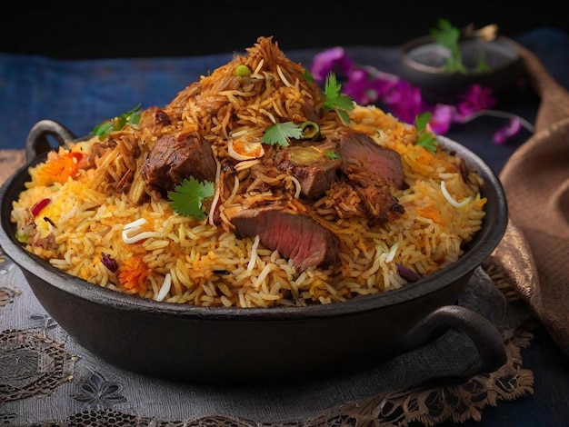 Rindfleisch-Biryani mit einer Schüssel Reis und einer Schüssel Essen auf dem Tisch