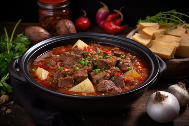 Rindfleisch-Goulash-Suppe und ein Eintopf aus Rindfleischer, Steak, Kartoffeln und viel Paprika Ungarische traditionelle Mahlzeit