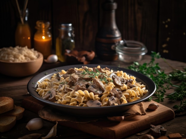 Rindfleisch Stroganoff in einer rustikalen Küche Lebensmittelfotografie