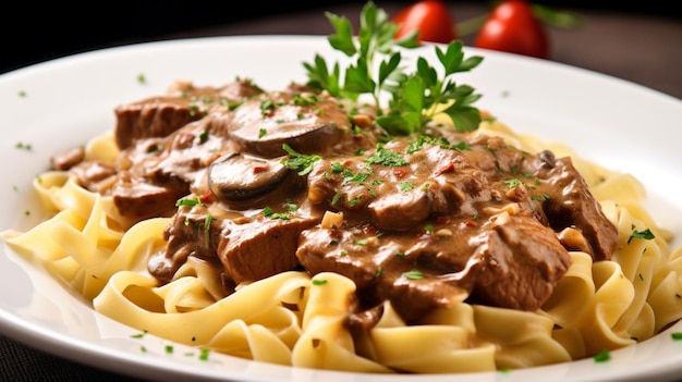 Rindfleisch Stroganoff mit Nudeln russische Küche