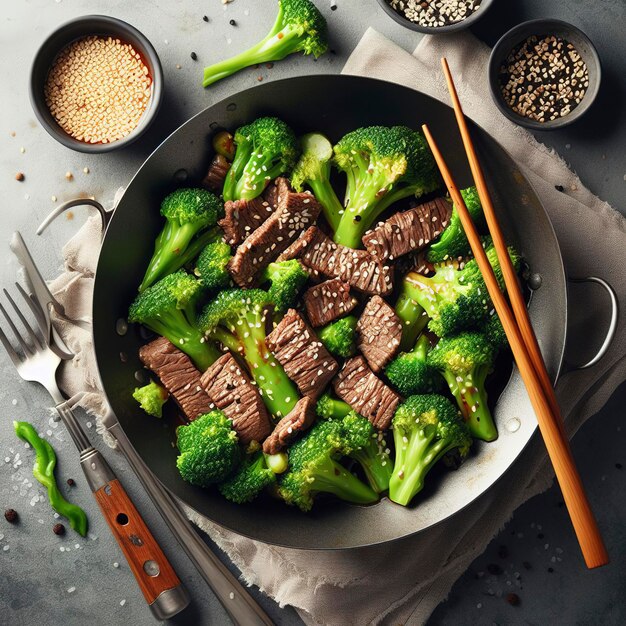 Rindfleisch und Brokkoli in einer kleinen Wok-Pfanne mit Sesamkörnern, Top-View