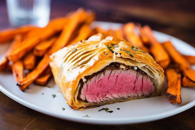 Foto rindfleisch wellington mit süßkartoffel pommes luxusmahlzeit rindfleisch wellington bildfotografie