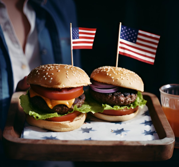 Rindfleischburger mit amerikanischer Flagge zum Unabhängigkeitstag der USA