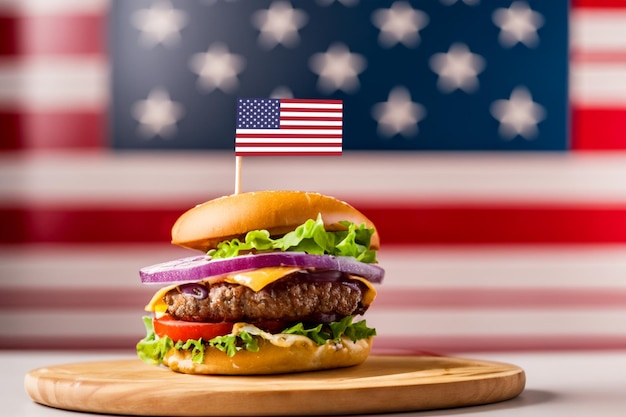 Rindfleischburger mit amerikanischer Flagge zum Unabhängigkeitstag der USA