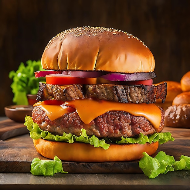 Rindfleischburger und Pommes Frites auf Holzplattchen Burger mit Pommes auf Holzgrund