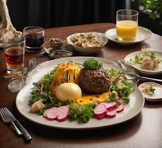 Rindfleischkotlette mit Eierradisch und Salat auf dem Teller