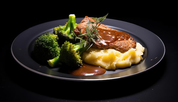 Rindfleischsteak, Brokkoli, Kartoffelpüree mit Soße auf einem weißen Teller