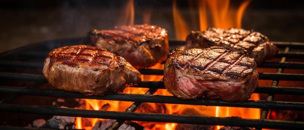 Rindfleischsteaks auf dem Grill mit Flammen