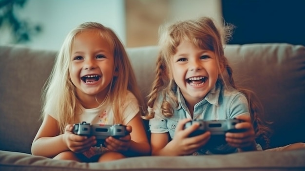 Rindo e jogando em um console sentado em um sofá em casa, uma linda garotinha e um garotinho estão usando Generative AI