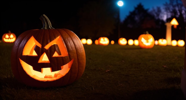 Rindo esculpido abóboras de Halloween no gramado à noite papel de parede assustador com Jack o lanterna