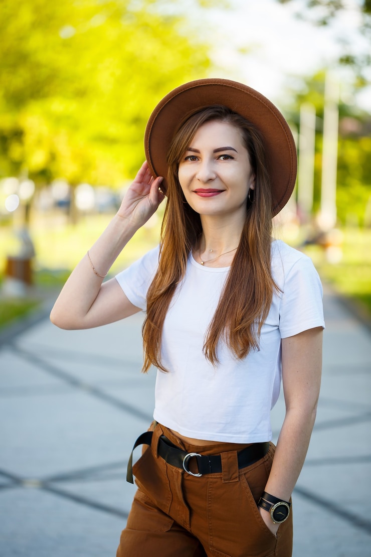 Foto rindo menina morena com pele pálida, vestindo roupas da moda, em pé em um parque, desfrutando de uma manhã ensolarada. retrato de uma jovem requintada em um chapéu e camiseta branca se passando perto de um beco do parque.