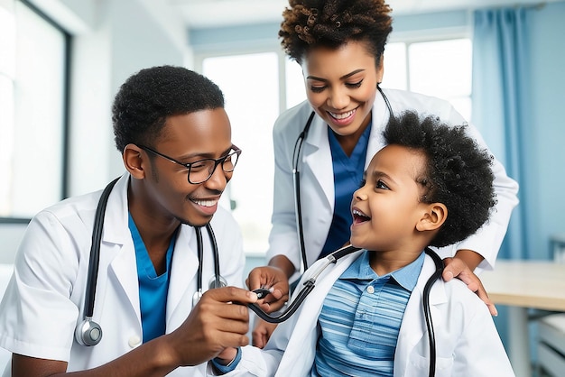 Rindo menino afro-americano paciente tomando médicos do sexo masculino estetoscópio no hospital Serviços médicos e de saúde do hospital