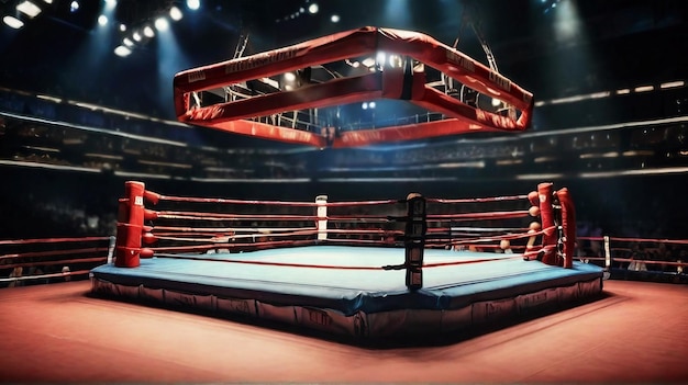 El ring de boxeo en la arena es un ring profesional vacío.