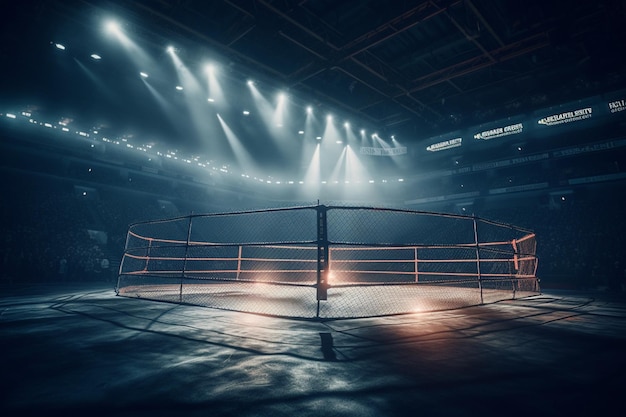 Un ring de boxeo en una arena oscura con una luz en la pared.