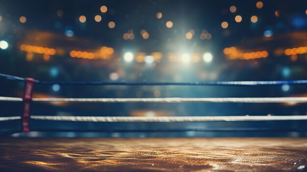El ring de boxeo se centró en las cuerdas con un bokeh de luces del estadio que transmite anticipación.