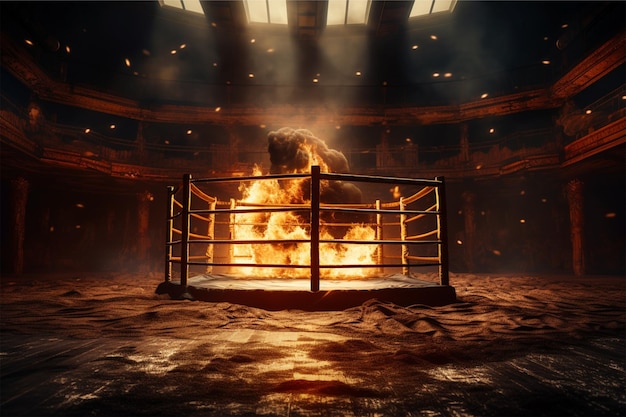 Un ring de boxeo con un fuego ardiente en el centro.