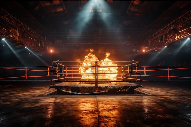 Un ring de boxeo con un fuego ardiente en el centro.