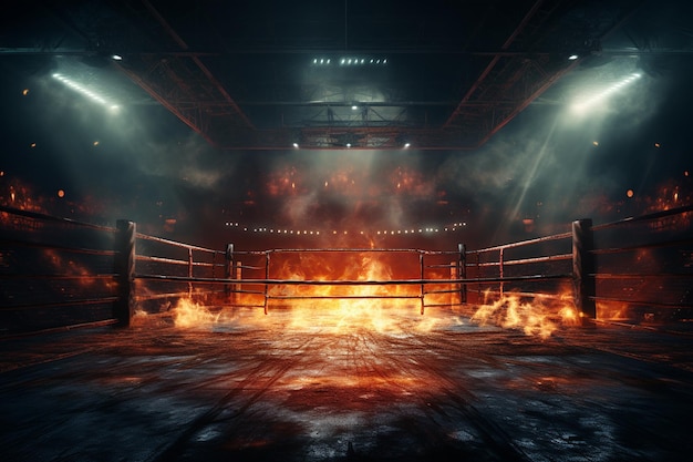 Foto un ring de boxeo con un fuego ardiente en el centro.