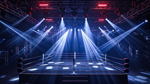Un ring de boxeo iluminado bajo las brillantes luces de la arena