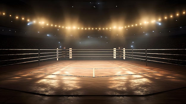 Un ring de boxeo con luces en la pared.
