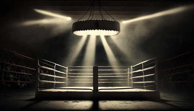 Un ring de boxeo con una luz en la esquina superior izquierda.