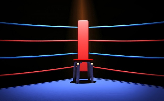 Foto ring de boxeo con silla en la esquina, renderizado 3d