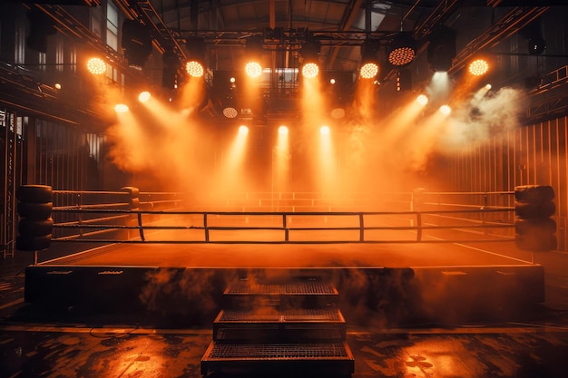 Un ring de boxeo vacío con una espectacular iluminación de reflectores y humo