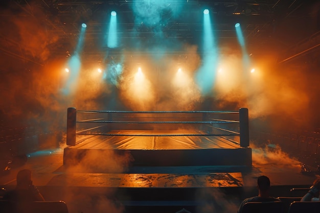 Un ring de boxeo vacío con una espectacular iluminación de reflectores y humo