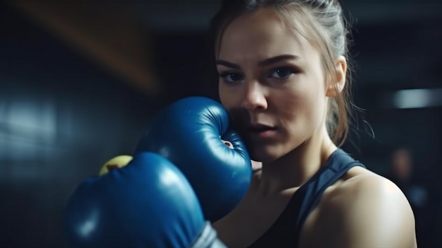 En el ring, una joven boxeadora con guantes azules golpea una pera La IA generativa