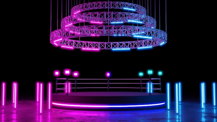 Foto ringue de boxe com fundo de iluminação neon com plataforma em branco para concerto ou colocação de produtos. renderização 3d.