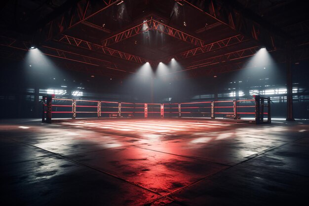 Ringue de boxe dinâmico com luzes vermelhas impressionantes em uma sala escura enigmática gerada por IA