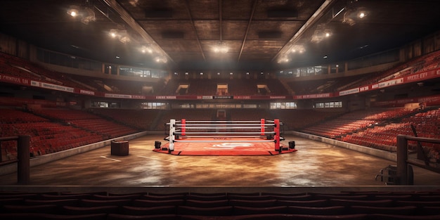 Ringue de boxe vermelho em uma arena vazia com IA gerada
