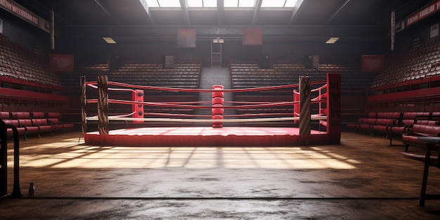 Ringue de boxe vermelho em uma arena vazia com IA gerada